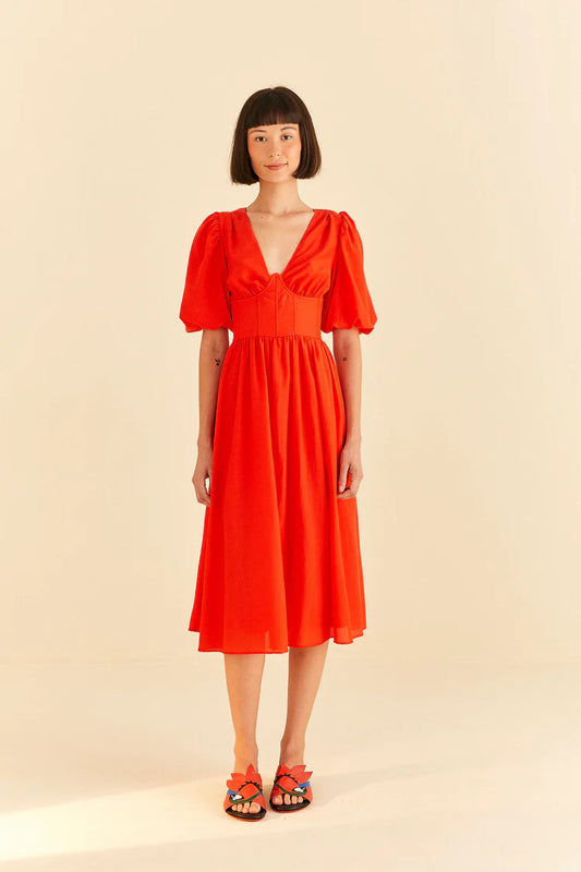 Red Short Sleeves Midi Dress